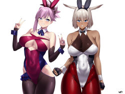 Rule 34 | 2girls, animal ears, bare shoulders, black bow, black bowtie, black gloves, blue eyes, bow, bowtie, breasts, caenis (fate), clenched teeth, collarbone, covered navel, dark-skinned female, dark skin, detached collar, detached sleeves, double v, fate/grand order, fate (series), fingerless gloves, fishnet pantyhose, fishnets, frills, gloves, gluteal fold, groin, highleg, highleg leotard, highres, kurozawa yui, large breasts, leaning, legs together, leotard, long hair, looking at viewer, miyamoto musashi (fate), multiple girls, nail polish, pantyhose, playboy bunny, ponytail, purple hair, rabbit ears, red pantyhose, sideboob, signature, smile, teeth, thigh gap, thighs, tsurime, underboob, v, very long hair, white hair, white leotard, wrist cuffs