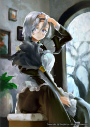 Rule 34 | 1girl, adjusting hair, apron, chair, duster, expressionless, frankenstein (sid story), glasses, maid, photo (object), plant, potted plant, puffy sleeves, sid story, grey eyes, silver hair, sitting, solo, tree, window, woodenmanatees