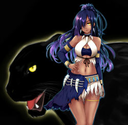 Rule 34 | 1girl, animal, armlet, bad id, bad pixiv id, bare shoulders, black panther, bracelet, breasts, choker, cleavage, dark skin, dark-skinned female, detached sleeves, earrings, frown, hair over one eye, high ponytail, highres, jewelry, long hair, mabinogi, midriff, necklace, panther, purple hair, shamala, solo, thigh strap, umxzo, yellow eyes