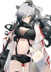 Rule 34 | 1girl, animal ears, arknights, arrow (projectile), bag, black scarf, black shorts, blush, breasts, cat ears, cleavage, commentary request, cowboy shot, crop top, fataaa, gloves, gluteal fold, highres, jacket, large breasts, long hair, looking at viewer, midriff, navel, nose blush, open clothes, open jacket, pov, scarf, schwarz (arknights), short shorts, shorts, silver hair, simple background, solo focus, standing, stomach, thighs, white background, white gloves, white jacket, yellow eyes