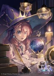 Rule 34 | 1girl, blue eyes, book, braid, brooch, celestial globe, earrings, eroica, hat, jewelry, long hair, long sleeves, nene (eroica), official art, open mouth, paper, pink hair, purple hat, quill, saihate (d3), side braid, smile, solo, witch hat