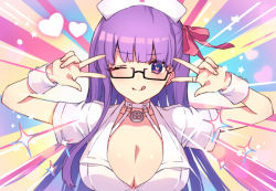 Rule 34 | 1girl, bad id, bad pixiv id, bb (bb shot!) (fate), bb (fate), black-framed eyewear, blush, breasts, choker, cleavage, closed mouth, collarbone, double w, dress, emotional engine - full drive, fate/extra, fate/extra ccc, fate/grand order, fate (series), glasses, hair ribbon, hands up, hat, heart, heart-shaped pupils, large breasts, licking lips, long hair, looking at viewer, nurse, nurse cap, one eye closed, parody, partially unbuttoned, pink ribbon, purple eyes, purple hair, rainbow background, ribbon, semi-rimless eyewear, short sleeves, smile, solo, sparkle, symbol-shaped pupils, tongue, tongue out, very long hair, vivi (eve no hakoniwa), w, white choker, white dress, white hat, wrist cuffs