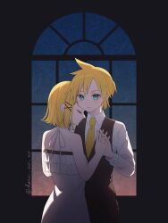 Rule 34 | 1boy, 1girl, adolescence (vocaloid), ahoge, bare shoulders, black jacket, black pants, brother and sister, camisole, closed eyes, commentary, dress, dusk, haru no no, head on another&#039;s shoulder, highres, interlocked fingers, jacket, kagamine len, kagamine rin, looking at viewer, necktie, night, night sky, pants, serious, short ponytail, siblings, sky, sleeveless blazer, spaghetti strap, star (sky), starry sky, twins, twitter username, vocaloid, white camisole, white dress, window, yellow necktie
