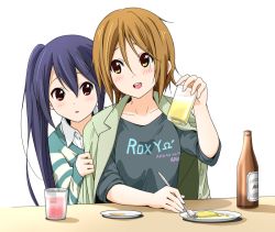 Rule 34 | 2girls, alcohol, alternate costume, alternate hairstyle, asahi breweries, beer, beer bottle, blue hair, blush, brown eyes, casual, cup, dresstrip, drinking glass, food, fork, hair down, jacket, jacket on shoulders, k-on!, looking back, multiple girls, nakano azusa, plate, shirt tug, simple background, sitting, table, tainaka ritsu, twintails, white background