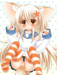 Rule 34 | 1girl, animal ears, blonde hair, blush, brown eyes, censored, convenient censoring, detached sleeves, felt (inuue kiyu), fox ears, fox tail, hair ornament, hairclip, inuue kiyu, long hair, off shoulder, original, skirt, sleeves past wrists, solo, striped clothes, striped thighhighs, tail, thighhighs
