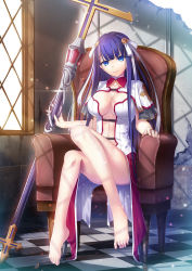 Rule 34 | 1girl, armchair, ass, barefoot, blue eyes, breasts, chair, cleavage, dress, fate/grand order, fate (series), feet, full body, highres, large breasts, long hair, looking at viewer, purple hair, martha (fate), sitting, smile, solo, staff, toes, yoshida takuma