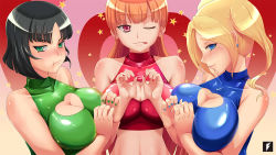 Rule 34 | 3girls, bare shoulders, black hair, blonde hair, blossom (ppg), blue eyes, bob cut, breasts, bubbles (ppg), buttercup (ppg), cartoon network, cleavage, cleavage cutout, clothing cutout, earrings, female focus, green eyes, heart, heart cutout, huge breasts, jewelry, large breasts, long hair, looking at viewer, multiple girls, nail polish, one eye closed, orange hair, pink eyes, pout, powerpuff girls, short hair, tagme, teng zhai zi, tongue, tongue out, twintails