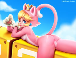 Rule 34 | 1girl, ;), animal costume, animal ears, animal hands, anus, ass, blonde hair, blue eyes, breasts, cat costume, cat ears, cat peach, cat tail, cleft of venus, crown, earrings, gloves, jewelry, lips, looking back, lying, mario (series), medium breasts, neocoill, nintendo, nose, on stomach, one eye closed, paw gloves, princess peach, pussy, pussy juice, short hair, smile, solo, super mario 3d world, super mario bros. 1, tail, uncensored, watermark, web address, wink
