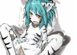 Rule 34 | animal ears, blue hair, cat ears, fang, furry, fuurin rei, henoeno, lowres, sex, striped, vaginal