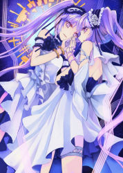 Rule 34 | 2girls, :d, absurdres, bangle, bare shoulders, bow, bracelet, commentary request, dress, dutch angle, euryale (fate), fate/grand order, fate/hollow ataraxia, fate (series), frills, hairband, highres, holding hands, jewelry, lolita hairband, long hair, looking at viewer, multiple girls, open mouth, otogi kyouka, purple eyes, purple hair, siblings, sisters, sleeveless, sleeveless dress, smile, stheno (fate), twins, twintails, very long hair, white bow, white dress