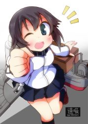 Rule 34 | 10s, 1girl, ;d, ^^^, black hair, black socks, blue eyes, blush, breasts, clenched hand, gradient background, hayasui (kancolle), kantai collection, loafers, looking at viewer, miniskirt, one eye closed, open mouth, shoes, short hair, skirt, smile, socks, solo, sweater, yuuhi alpha, zipper