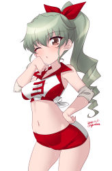 Rule 34 | 1girl, anchovy (girls und panzer), artist name, bare shoulders, blush, breasts, brown eyes, cameltoe, collarbone, covered erect nipples, dated, drill hair, drill ponytail, girls und panzer, green hair, hair ornament, hair ribbon, hand on own hip, highres, kuzuryuu kennosuke, long hair, looking at viewer, medium breasts, midriff, navel, one eye closed, open mouth, ponytail, red shorts, ribbon, shorts, simple background, sleeveless, solo, sportswear, standing, volleyball uniform, white background