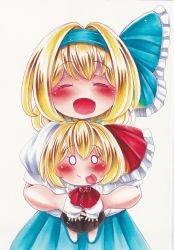 Rule 34 | 2girls, :p, alice margatroid, alice margatroid (pc-98), ascot, black skirt, blonde hair, blue bow, blue hairband, blue skirt, blush, bow, dress, closed eyes, frilled bow, frills, hair bow, hair ornament, hair ribbon, hairband, highres, long sleeves, looking at viewer, multiple girls, nemonadi, o o, open mouth, outstretched arms, red bow, ribbon, rumia, shirt, short hair, short sleeves, skirt, smile, suspenders, tongue, tongue out, touhou, touhou (pc-98), traditional media