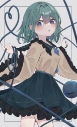 Rule 34 | 1girl, 9ra3x, blue eyes, expressionless, green hair, green skirt, highres, jacket, komeiji koishi, long skirt, looking at viewer, open mouth, simple background, skirt, solo, standing, touhou, white background, yellow jacket