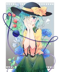 Rule 34 | 1girl, blue eyes, blue flower, blue hair, blue nails, blue rose, chinese lantern (plant), covering one eye, covering own mouth, cowboy shot, floral print, flower, flower request, frilled sleeves, frills, gradient background, green skirt, grey background, hair between eyes, hands on own face, hat, hat ribbon, heart, heart of string, highres, komeiji koishi, leaf, long sleeves, looking at viewer, lotus, maruta (shummylass), medium hair, nail polish, own hands together, ribbon, rose, rose print, shirt, simple background, skirt, solo, third eye, touhou, water lily flower, yellow shirt