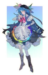 Rule 34 | 1girl, absurdres, black dress, black headwear, blue background, blue hair, boots, bow, bowtie, commentary, dress, full body, gradient background, highres, hinanawi tenshi, leaf, long hair, peach hat ornament, rainbow order, red bow, red bowtie, short sleeves, solo, tian (my dear), touhou