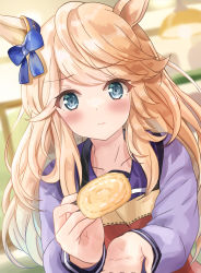 Rule 34 | 1girl, animal ears, apron, blonde hair, blue bow, blue eyes, blurry, blurry background, blush, bow, closed mouth, collarbone, commentary request, depth of field, ear bow, feeding, food, gold city (umamusume), holding, holding food, horse ears, indoors, long hair, long sleeves, looking at viewer, motoi ayumu, puffy long sleeves, puffy sleeves, purple shirt, red apron, school uniform, shirt, solo, tracen school uniform, umamusume, upper body, very long hair