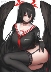 Rule 34 | 1girl, absurdres, bad anatomy, black choker, black gloves, black hair, black panties, black shirt, black thighhighs, black wings, blue archive, breasts, choker, cleavage, collarbone, dhokidoki, feet out of frame, garter straps, gloves, hair between eyes, halo, hand on own ass, hasumi (blue archive), highres, large breasts, long hair, looking at viewer, mole, mole under eye, neckerchief, panties, parted lips, red eyes, red neckerchief, sailor collar, shirt, signature, simple background, solo, strap pull, thighhighs, underwear, very long hair, white background, wings