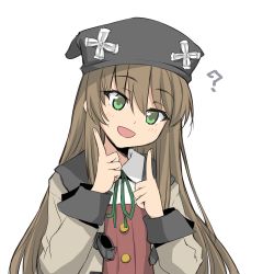 Rule 34 | 1girl, ?, blush stickers, brown hair, collared shirt, commentary, el mofus (brown hair female), green eyes, hat, highres, long hair, looking at viewer, neck ribbon, open mouth, pointing, pointing at self, rance (series), rance 10, ribbon, shirt, simple background, smile, solo, tori (minamopa), upper body, white background