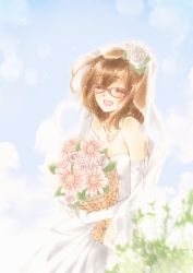 Rule 34 | 1girl, ^ ^, bad id, bad pixiv id, bare shoulders, bouquet, bridal veil, brown hair, closed eyes, dress, elbow gloves, eyelashes, closed eyes, flower, glasses, gloves, hair flower, hair ornament, highres, jewelry, levia-conig, long hair, necklace, original, smile, solo, traditional media, veil, wedding dress