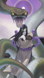 Rule 34 | 1boy, animal, arm behind back, belt, black hair, chang (eva72314), closed mouth, colored skin, fangs, highres, holding, holding sword, holding weapon, long hair, looking at viewer, male focus, naruto, naruto (series), open mouth, orochimaru (naruto), oversized animal, purple belt, rainbow, rope, rope belt, slit pupils, smile, snake, standing, sun, sword, weapon, white skin, yellow eyes