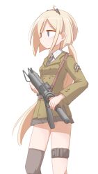 1girl blazer blonde_hair blue_eyes collared_shirt commission cowboy_shot from_side girls&#039;_frontline gun hair_ornament highres holding holding_gun holding_weapon jacket long_hair m3_(girls&#039;_frontline) m3_submachine_gun military_uniform necktie pixiv_commission player193 pleated_skirt shirt single_thighhigh skirt solo standing submachine_gun thigh_strap thighhighs weapon white_background