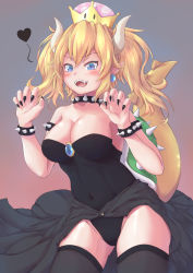 Rule 34 | 1girl, absurdres, alternate hairstyle, armlet, b7669726, bare shoulders, black collar, black dress, black leotard, black nails, blonde hair, blue eyes, bowsette, bracelet, breasts, cleavage, collar, collarbone, commentary request, crown, dress, earrings, female focus, fingernails, grey background, hands up, heart, highres, horns, jewelry, large breasts, leotard, long hair, looking at viewer, mario (series), monster girl, nail polish, new super mario bros. u deluxe, nintendo, pointy ears, sharp fingernails, sharp teeth, simple background, solo, spiked armlet, spiked bracelet, spiked collar, spiked shell, spiked tail, spikes, strapless, strapless dress, strapless leotard, super crown, tail, teeth, turtle shell, twintails