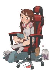 Rule 34 | 1girl, absurdres, aged down, blush, borrowed character, braces, chair, child, crossed legs, freckles, gaming chair, handheld game console, headphones, headphones around neck, highres, holding, holding handheld game console, jar, joy-con, kara eklund, long hair, looking at viewer, nintendo 3ds, open mouth, opossumachine, original, shirt, short shorts, shorts, sitting, smile, socks, solo, stuffed animal, stuffed shark, stuffed toy, swivel chair, t-shirt, toy, trash can, white background