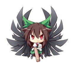 Rule 34 | 1girl, :&lt;, arm cannon, black hair, blush stickers, bow, chibi, female focus, hair bow, long hair, red eyes, reiuji utsuho, reku, shirt, simple background, skirt, solo, symbol-shaped pupils, touhou, weapon, white background, wings