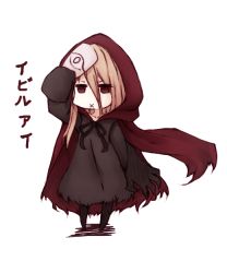 Rule 34 | 1girl, black eyes, blonde hair, cape, evileye (overlord), hair between eyes, hood, itituki, long sleeves, mask, overlord (maruyama), simple background, sleeves past wrists, solo, translation request