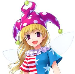 Rule 34 | 1girl, american flag dress, blonde hair, breasts, clownpiece, commentary request, ebizome, fairy wings, hat, highres, jester cap, long hair, looking at viewer, medium breasts, neck ribbon, polka dot, purple eyes, ribbon, short sleeves, simple background, smile, solo, star (symbol), star print, striped, touhou, upper body, white background, wings