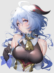 Rule 34 | 1girl, :/, ahoge, bare shoulders, bell, black gloves, blue hair, blush, bodice, bodystocking, bodysuit, breasts, brown bodysuit, closed mouth, cowbell, cropped torso, detached collar, detached sleeves, ganyu (genshin impact), genshin impact, gloves, goat horns, gold trim, gradient eyes, grey background, hand up, head tilt, highres, horns, long hair, long sleeves, looking at viewer, low ponytail, medium breasts, multicolored eyes, neck bell, purple eyes, sencha (senchat), simple background, solo