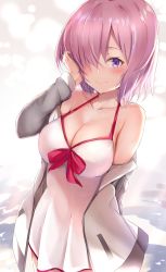 Rule 34 | 1girl, absurdres, bare shoulders, blush, breasts, cleavage, collarbone, dress, fate/grand order, fate (series), grey jacket, hair over one eye, hand on own cheek, hand on own face, highres, hood, hoodie, jacket, large breasts, long sleeves, looking at viewer, maosame, mash kyrielight, mash kyrielight (swimsuit of perpetual summer), ocean, official alternate costume, pink hair, purple eyes, sleeveless, sleeveless dress, solo, white dress