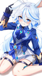 Rule 34 | 1girl, absurdres, animal ears, ascot, bare legs, black gloves, blue ascot, blue eyes, blue hair, blue jacket, blush, brooch, clenched teeth, commentary, furina (genshin impact), genshin impact, gloves, hair between eyes, hair intakes, highres, jacket, jewelry, kemonomimi mode, long hair, long sleeves, looking at viewer, multicolored hair, no headwear, rabbit ears, shirt, short shorts, shorts, sitting, solo, streaked hair, takane pato, teeth, thigh strap, very long hair, wariza, white shirt, white shorts