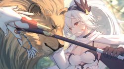 Rule 34 | 1girl, artist request, black choker, black gloves, breasts, camisole, choker, cleavage, detached sleeves, feather hair ornament, feathers, fur trim, game cg, gawana (soul tide), gloves, hair ornament, hair over mouth, head tilt, headband, high ponytail, highres, holding, holding staff, holding weapon, jewelry, lion, looking at another, medium breasts, necklace, official art, red eyes, scar, scarf, sleeveless, soul tide, staff, tooth necklace, tribal, weapon, white hair