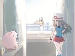 Rule 34 | 1girl, absurdres, bare shoulders, black wristband, blue shirt, brown eyes, brown hair, creatures (company), curtains, game freak, gen 1 pokemon, hat, highres, jigglypuff, leaf (pokemon), long hair, looking at another, miniskirt, nintendo, parted lips, pidgey, pokemon, pokemon (creature), pokemon frlg, red skirt, shirt, skirt, sleeveless, sleeveless shirt, snow (ffgf7255), white hat