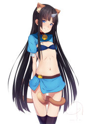 Rule 34 | 1girl, 4690 (tkpbsk), animal ears, arms at sides, bell, black hair, black thighhighs, blue eyes, blue skirt, cat ears, cat tail, covered erect nipples, dated, flat chest, groin, highres, horns, jingle bell, long hair, looking at viewer, midriff, navel, original, panties, single horn, skirt, solo, standing, tail, thighhighs, underwear, very long hair, wavy mouth, white panties