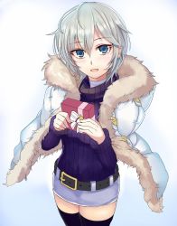 Rule 34 | 10s, 1girl, anastasia (idolmaster), ashita (2010), bad id, bad twitter id, blue eyes, box, gift, gift box, highres, idolmaster, idolmaster cinderella girls, jacket, open mouth, parka, ribbed sweater, short hair, silver hair, smile, solo, sweater, thighhighs, turtleneck