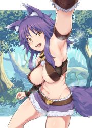 Rule 34 | 1girl, animal ear fluff, animal ears, arm up, armpits, bare shoulders, belt, belt buckle, blush, breasts, buckle, cleavage, commentary, cowboy shot, forest, fur-trimmed shorts, fur trim, highres, large breasts, long hair, makoto (princess connect!), midriff, nature, navel, nipple slip, nipples, open mouth, pov, presenting armpit, princess connect!, purple hair, purple shorts, shorts, sleeveless, solo, tail, thighs, tree, wolf ears, wolf girl, wolf tail, yellow eyes, yozo (stanky)