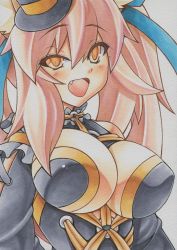 Rule 34 | 10s, 1girl, blush, breasts, cleavage, fang, fate/extra, fate (series), frills, hat, large breasts, marker (medium), mechanical pencil, millipen (medium), official alternate costume, open mouth, pencil, pink hair, simple background, slit pupils, solo, tamamo no mae (fate/extra), tamamo no mae (sable mage) (fate), traditional media, uneven eyes, upper body, white background, yellow eyes, yutakasan-love