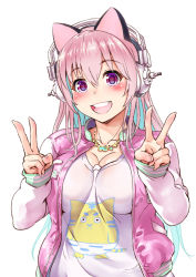 Rule 34 | 1girl, absurdres, animal ears, aqua hair, blush, breasts, cat ears, double v, ganari ryuu, headphones, highres, jacket, large breasts, letterman jacket, long hair, looking at viewer, multicolored hair, nitroplus, open mouth, pink eyes, pink hair, pink jacket, shirt, smile, solo, super sonico, t-shirt, two-tone hair, v, virtual youtuber, white background, white jacket