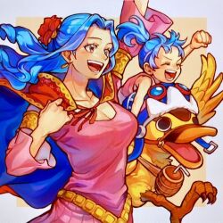 Rule 34 | 2girls, age comparison, aged down, animal, aokamei, bird, blue hair, canteen, child, dress, duck, earrings, flower, goggles, goggles on head, hair flower, hair ornament, hat, highres, jewelry, karoo (one piece), long hair, multiple girls, nefertari vivi, one piece, open mouth, ponytail, riding, sitting on animal, smile, solo, teeth, time paradox