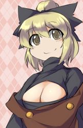 Rule 34 | 1girl, blonde hair, breasts, brown eyes, cleavage, cleavage cutout, clothing cutout, dress, fun bo, hair ribbon, kurodani yamame, looking at viewer, medium breasts, meme attire, open-chest sweater, ponytail, ribbon, smile, solo, sweater, touhou, turtleneck