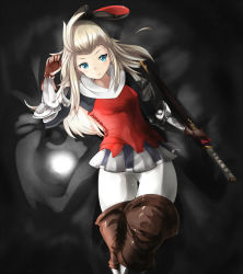 Rule 34 | 1girl, 5pb., armor, armored dress, blonde hair, blue eyes, boots, bow, bravely default: flying fairy, bravely default (series), edea lee, gauntlets, gloves, hair bow, katana, long hair, pantyhose, red shirt, ribbon, sheath, sheathed, shirt, solo, sword, tamakaga, weapon, wide hips