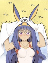 Rule 34 | 1girl, alternate costume, animal ears, arms up, bad id, bad twitter id, blush, breasts, collarbone, dark-skinned female, dark skin, earrings, fate/grand order, fate (series), hairband, hoop earrings, jewelry, long hair, looking at viewer, medium breasts, nishimi shin, nitocris (fate), nitocris (swimsuit assassin) (second ascension) (fate), one-piece swimsuit, pout, purple eyes, purple hair, sidelocks, solo, swimsuit, tears, twitching penis, veil, very long hair, white one-piece swimsuit
