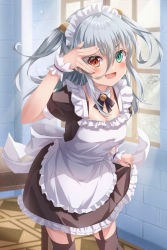 Rule 34 | 1girl, :d, absurdres, apron, arm up, black dress, black thighhighs, blush, collar, commentary request, detached collar, dress, fang, feet out of frame, frilled apron, frilled dress, frills, garter straps, green eyes, grey hair, hair between eyes, heterochromia, highres, indoors, long hair, maid, maid apron, maid headdress, open mouth, original, puffy short sleeves, puffy sleeves, red eyes, short sleeves, signature, smile, solo, standing, table, thighhighs, white collar, window, wing collar, wrist cuffs, yukikawa sara