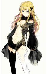 Rule 34 | 1girl, bad id, bad twitter id, black dress, blonde hair, blue eyes, breasts, choker, dress, long hair, looking at viewer, lpip, navel, original, simple background, small breasts, solo, white background