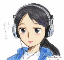 Rule 34 | bad id, bad pixiv id, black eyes, hair ornament, hairclip, headphones, hydrangia, jacket, long hair, ponytail, portrait, real life insert, sketch, smile, solo