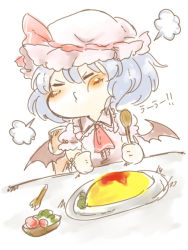 Rule 34 | 1girl, ascot, bat wings, blue hair, chair, closed eyes, commentary request, dress, food, fork, hat, hat ribbon, maru usagi, mob cap, omelet, omurice, pink dress, plate, pout, puffy sleeves, remilia scarlet, ribbon, short sleeves, sitting, solo, spoon, table, tantrum, touhou, translated, uu~, wings