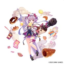 Rule 34 | 1girl, 2020, ahoge, bag, black footwear, black legwear, bow, bread, candy, chips (food), chocolate cornet, clothing cutout, commentary request, croissant, dmm, doughnut, eating, food, food on face, footwear bow, full body, gatling gun, gemini seed, hair ribbon, highres, leg ribbon, long sleeves, looking at viewer, melon bread, minigun, official art, open mouth, piyoyanagi, pocky, potato chips, purple hair, purple skirt, red eyes, ribbon, short hair with long locks, shoulder bag, shoulder cutout, simple background, skirt, solo, sword, tachi-e, thigh ribbon, weapon, white background